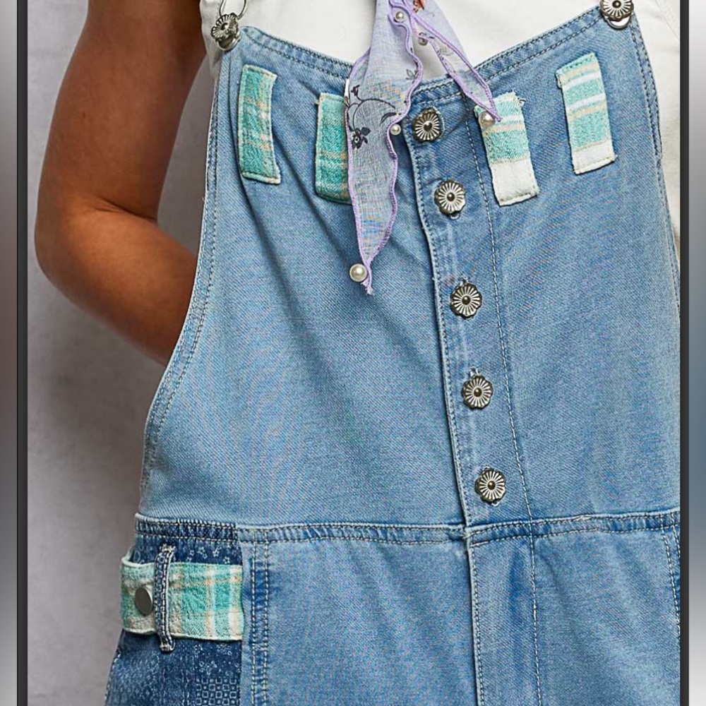 POL Light Blue Patchwork Denim Overalls - image 5